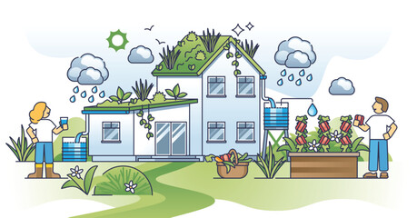 Rainwater harvesting and rain water collection for garden outline concept. Pure and filtered drain water system for drinking or soil watering in summer vector illustration. Save natural resources.