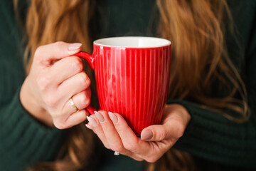 Hot tea in a mug. Woman holding mug of lemon tea. Cold winter relax background. Bottle green woolen sweater warm clothing. Long hair girl. Cozy atmosphere. Female hands holding red coffee cup.