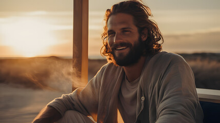 Professional commercial photo of handsome man enjoying the sunset with happy face  - obrazy, fototapety, plakaty