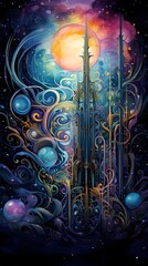 Cosmic Watercolor Universe: Nebula, Rainbow, and Filigree Illustration