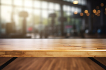 Top of surface wooden table with blurred fitness gym   background.