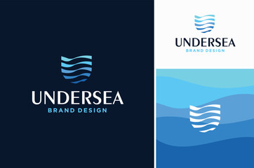 Letter U Undersea Underwater with Blue Water Wave Line Layer for Sea Ocean Beach Aquatic Logo Design - obrazy, fototapety, plakaty