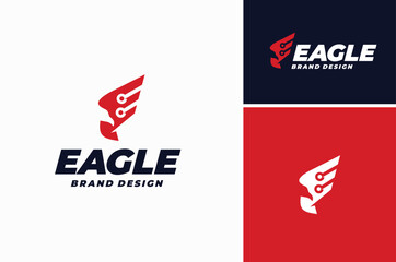 Initial Letter E Eagle Falcon Hawk Head, Wing Bird with Circuit Line Wire for Modern Digital Industry Logo Design