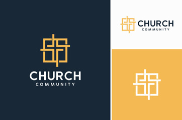 Crucifix Christ Cross with Square Frame for Church Christian Community Logo Design - obrazy, fototapety, plakaty