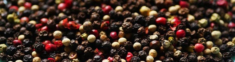 Peppercorn texture banner. Colorful peppers spices.
