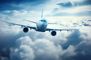 Fototapeta premium Airplane flying above the clouds in the sky. Aircraft travel concept.