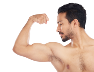Bicep flex, fitness and body or muscles with asian man in png or isolated and transparent background. Bodybuilder, progress and arm with male person for wellness or workout or exercise in sports.