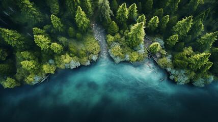 Top view of blue river in the green forest. - obrazy, fototapety, plakaty