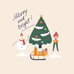 Christmas tree is decorated with ornaments of snowman and elf. Greeting New Year vector illustration in hand drawn style