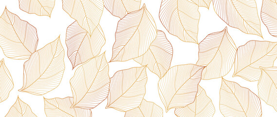 Luxurious golden botanical nature background. Floral pattern, golden bananas, palm trees, exotic flowers, line illustration. Design for print, wall decor, packaging, invitations