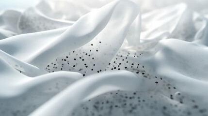 Close-up of white cloth with dirt particles flying off it. Creative concept for advertising bleach and detergent for clothes. 3d render illustration style.  - obrazy, fototapety, plakaty