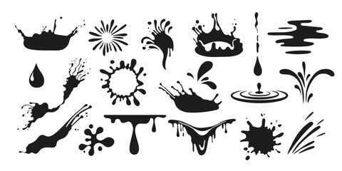 Splash silhouette with droplets. Splash vector. Droplet icon. Splash set.Water drops shapes, liquid burst splashes and ink blot hand drawn. 