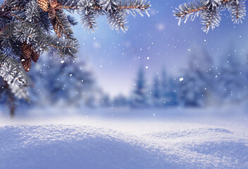 Beautiful landscape with snow covered fir trees and snowdrifts.Merry Christmas and happy New Year greeting background with copy-space.Winter fairytale. - obrazy, fototapety, plakaty