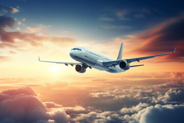 Obraz premium Airplane flying above the clouds in the sky. Aircraft travel concept.