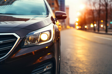 closeup headlight with white light of modern car