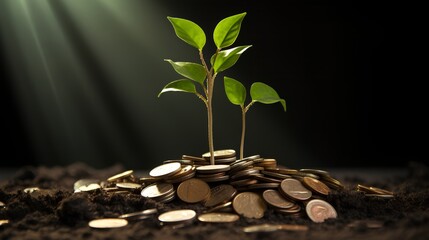 Sprout growing from a pile of coins as green investment and growth of successful, nature friendly business. Financial growth and sustainability with ESG principle based company. Carbon free startup. - obrazy, fototapety, plakaty