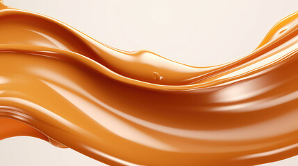 Close-up of liquid brown soft caramel pouring. Stream of caramel isolated on flat background with copy space. 3d render illustration style. 