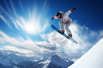 Snowboarder launching on mountains in the winter with beautiful blue sky background. Extreme sport on vocation season. - obrazy, fototapety, plakaty