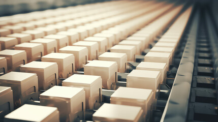 Obraz premium Warehouse conveyor belt with cardboard boxes on it. Transportation company, packing and shipping industry. 