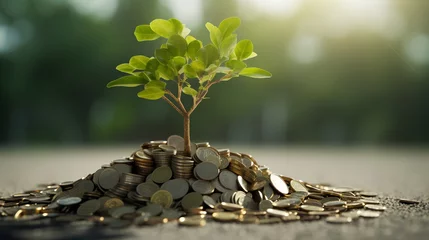 Foto op Canvas Sprout growing from a pile of coins as green investment and growth of successful, nature friendly business. Financial growth and sustainability with ESG principle based company. Carbon free startup. © TensorSpark