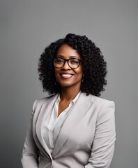 portrait of a black American women politician or businesswomen in a suit on a gray background