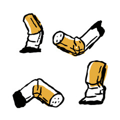 Cigarette butt. Bad harmful habit of Smoking. Sketch set of trash, dirt and garbage. Small object. Cartoon hand drawn flat illustration