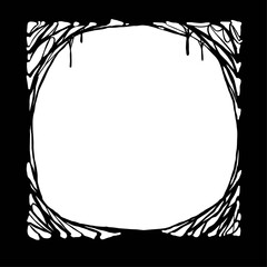 Halloween frame. Cobwebs and slimy threads border. Scary creepy silhouette. Dark spiderweb, hand drawn gossamer. Square Cartoon illustration isolated on white