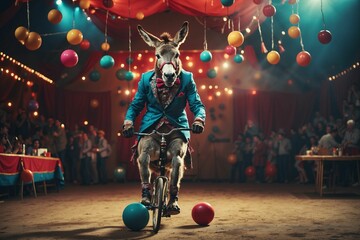 AI illustration of a donkey in a blue suit joyfully rides a bicycle in a circus - obrazy, fototapety, plakaty