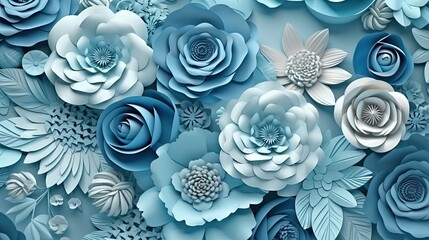  a bunch of blue and white flowers on a blue background.  generative ai