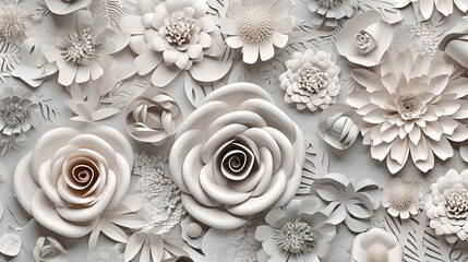  a white wall with paper flowers and leaves on it's sides.  generative ai
