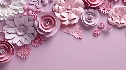  paper flowers on a pink background with a place for text.  generative ai
