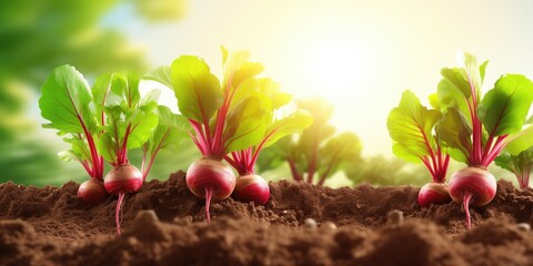 Beetroots Growing In Sunny Vegetable Garden - obrazy, fototapety, plakaty