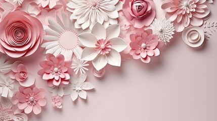  paper flowers on a pink background with white and pink petals.  generative ai