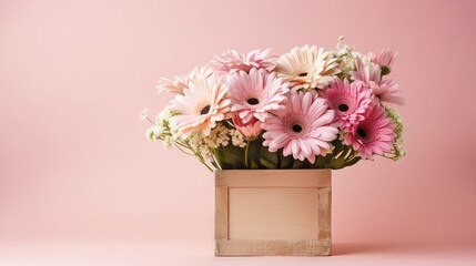  a wooden vase filled with lots of pink and white flowers.  generative ai
