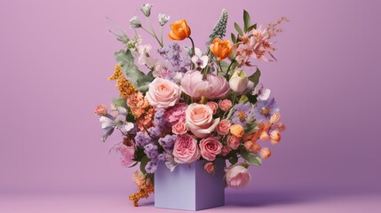  a blue vase filled with lots of different flowers on a purple background.  generative ai