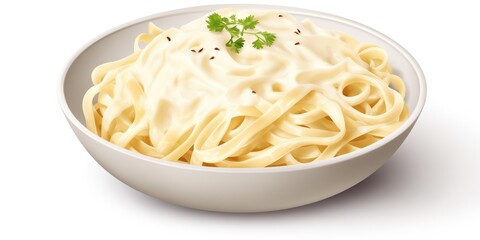 Bowl Of Fettuccine Alfredo With Garnish On White Background - obrazy, fototapety, plakaty