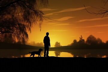 Fototapeta premium Boy And His Dog Silhouetted In Park At Sunset