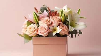  a pink box with a bouquet of flowers inside of it.  generative ai