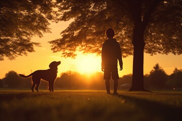 Boy And His Dog Silhouetted In Park At Sunset