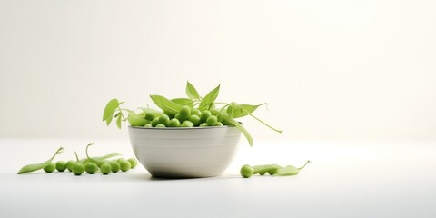 Bowl Of Green Peas And Leaves On White Table For World Food Day
