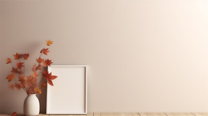 plain wall interior with empty photo frame mounted on the wall, autumn plant in pot on the table