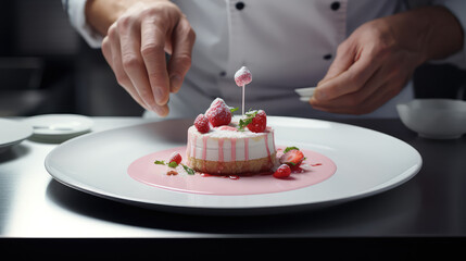 Obraz na płótnie Canvas Chef hands decorate the gourmet strawberry dessert before serving. Exquisite sweets from a prestigious restaurant, cooking process.