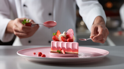 Chef hands decorate the gourmet strawberry dessert before serving. Exquisite sweets from a prestigious restaurant, cooking process.