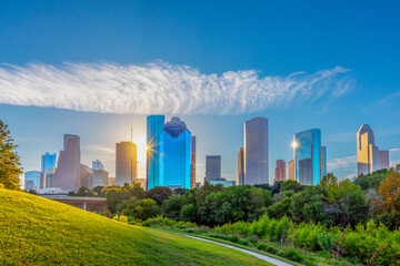 skyline of Houston, Texas in morniong light seen from Buffalo bayou park