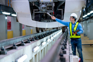 Professional engineer worker hold tablet and check or maintenance front part of electrical or metro tain in factory workplace.