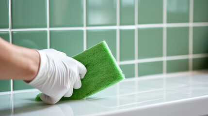 Hand in a rubber glove sponges the tiles in the bathroom. Creative concept of house cleaning, tile cleaner. Copy space. - obrazy, fototapety, plakaty