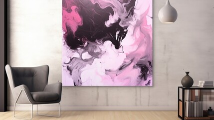  a painting hanging on a wall next to a chair and table.  generative ai