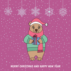Vector New Year card. A cute bear in a New Year's sweater with a gift in its paws. Christmas card. Vector illustration.