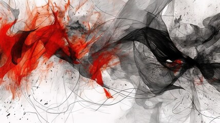  a black and red abstract painting with white and red lines.  generative ai