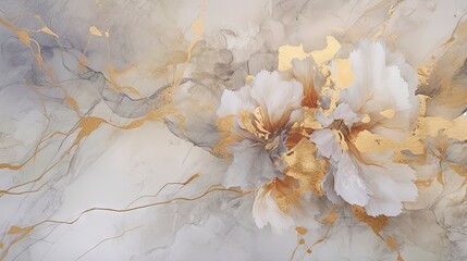 a white and gold flower on a white marble wallpaper.  generative ai